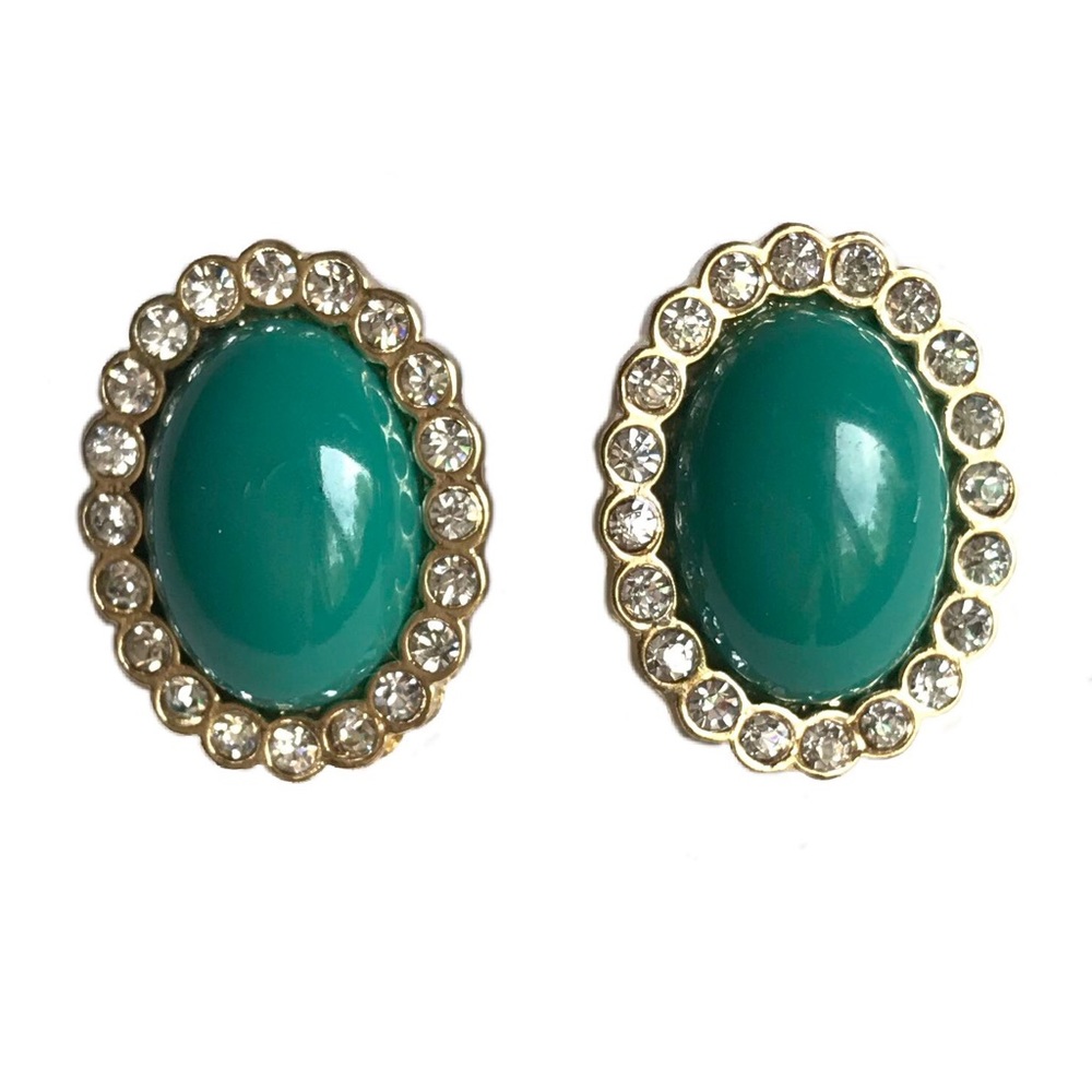 Teal and Golden Earrings with Rhinestone Trim